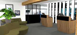 Vue 3D hall d'accueil avec caisses